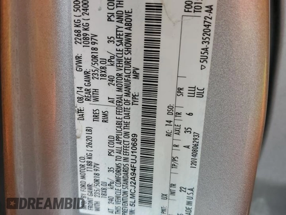 2015 Lincoln MKC z VIN 5LMCJ2A94FUJ10689, wystawiony jako Copart lot #49952045 z przebiegiem 128 040 mil mil oraz Szkoda całkowita • Salvage title. Historia ofert i sprzedaży dostępna na DreamBid. Obrazek 12.