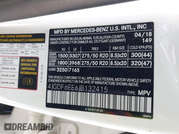 2018 Mercedes-Benz GLS 450 with VIN 4JGDF6EE6JB132415, listed as a IAAI auction lot 42283484 with 54,090 mi miles and . Bid and sale history available at DreamBid. Image 9.