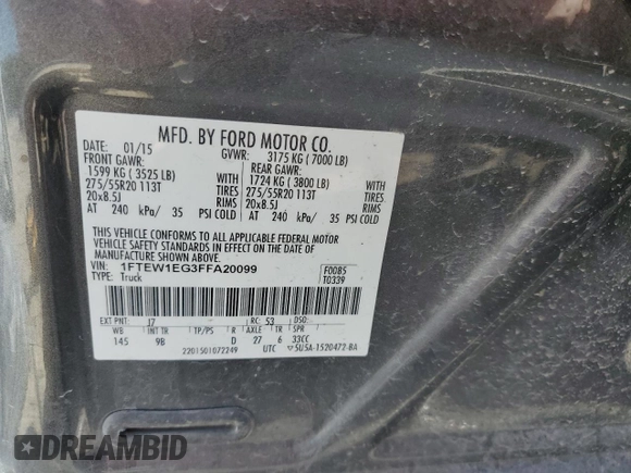 2015 Ford F-150 XLT с VIN 1FTEW1EG3FFA20099, выставлен на аукционе Copart как лот 62002025 с пробегом 90 031 миль миль и Списание • Salvage title. История ставок и продаж доступна на DreamBid. Изображение 12.
