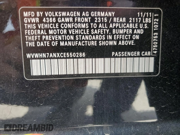 2012 Volkswagen CC Lux Limited with VIN WVWHN7ANXCE550286, listed as a Copart auction lot 74525864 with 94,224 mi miles and Salvage Title. Bid and sale history available at carsss.com. Image 13.