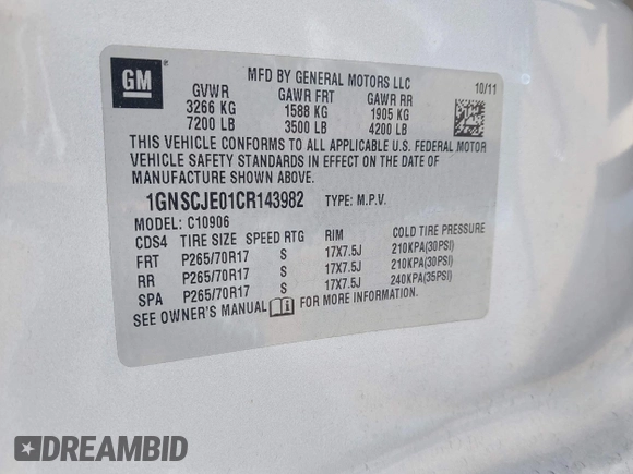 2012 Chevrolet Suburban LT z VIN 1GNSCJE01CR143982, wystawiony jako IAAI lot #42257552 z przebiegiem 202 973 mil mil oraz . Historia ofert i sprzedaży dostępna na DreamBid. Obrazek 9.