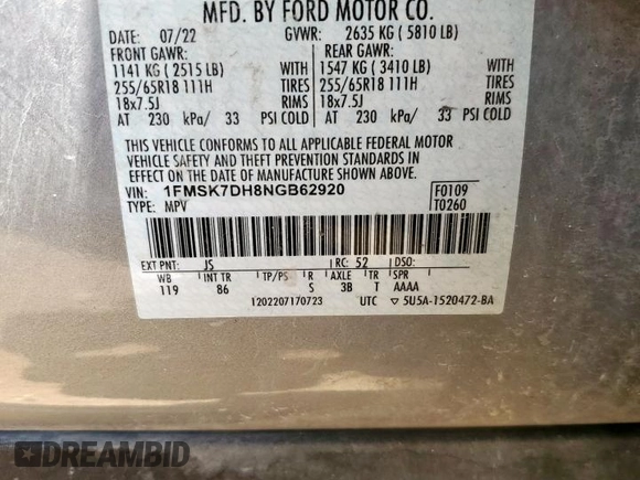 2022 Ford Explorer XLT with VIN 1FMSK7DH8NGB62920, listed as a Copart auction lot 56868815 with 26,425 mi miles and Salvage title. Bid and sale history available at DreamBid. Image 14.