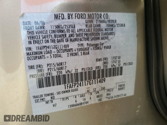 2007 Ford Five Hundred SEL z VIN 1FAFP24117G111409, wystawiony jako Copart lot #61403575 z przebiegiem Nie podano mil oraz Szkoda całkowita • Salvage title. Historia ofert i sprzedaży dostępna na DreamBid. Obrazek 12.