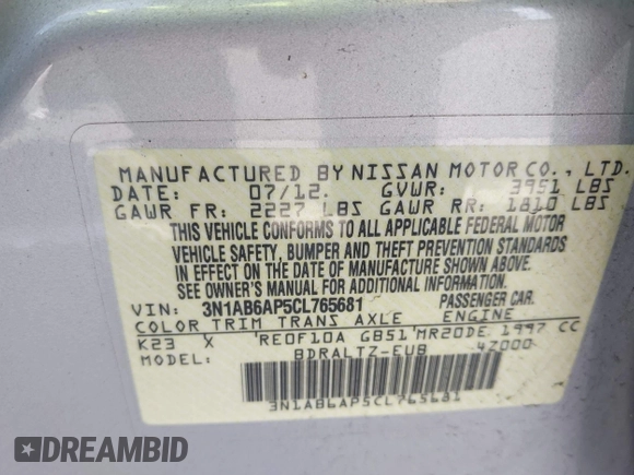 2012 Nissan Sentra SL with VIN 3N1AB6AP5CL765681, listed as a IAAI auction lot 42244266 with 109,788 mi miles and . Bid and sale history available at DreamBid. Image 9.
