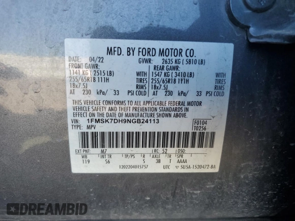 2022 Ford Explorer XLT z VIN 1FMSK7DH9NGB24113, wystawiony jako Copart lot #52040235 z przebiegiem 25 858 mil mil oraz Szkoda całkowita • Salvage title. Historia ofert i sprzedaży dostępna na DreamBid. Obrazek 14.