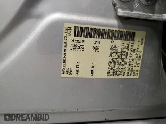 2014 Nissan Maxima S with VIN 1N4AA5AP9EC479301, listed as a Copart auction lot 55404625 with 54,751 mi miles and Non repairable. Bid and sale history available at DreamBid. Image 12.