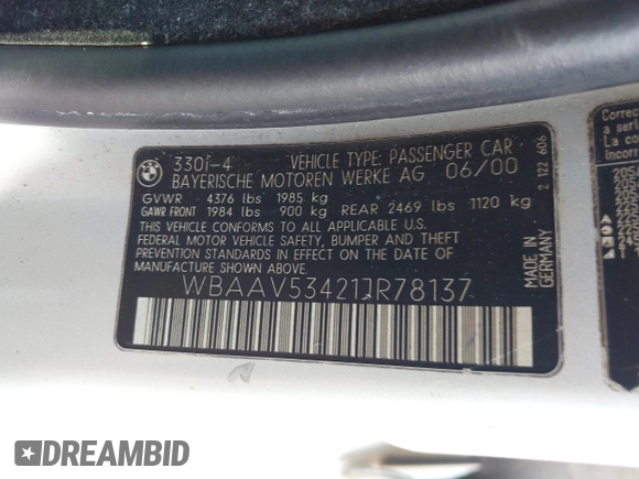2001 BMW 3 Series 330i with VIN WBAAV53421JR78137, listed as a IAAI auction lot 42731489 with 162,849 mi miles and . Bid and sale history available at DreamBid. Image 9.