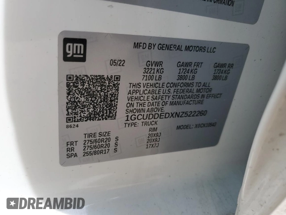 2022 Chevrolet Silverado 1500 LT with VIN 1GCUDDEDXNZ522260, listed as a Copart auction lot 88720695 with Not Provided miles and Salvage Title. Bid and sale history available at DreamBid. Image 14.