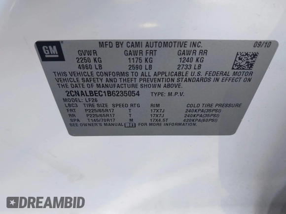2011 Chevrolet Equinox LS with VIN 2CNALBEC1B6235054, listed as a IAAI auction lot 42138720 with 223,708 mi miles. Bid and sale history available at carsss.com. Image 9.