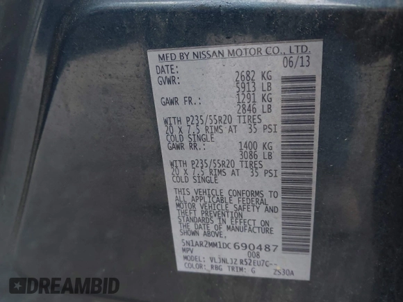 2013 Nissan Pathfinder SV with VIN 5N1AR2MM1DC690487, listed as a IAAI auction lot 42611901 with 158,362 mi miles and . Bid and sale history available at DreamBid. Image 9.