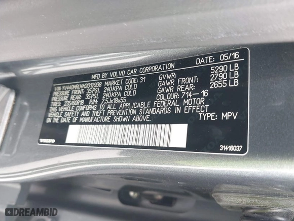 2017 Volvo XC60 Inscription with VIN YV440MRU4H2012938, listed as a IAAI auction lot 41625267 with 61,160 mi miles. Bid and sale history available at carsss.com. Image 9.