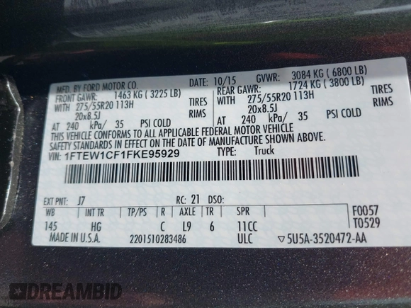 2015 Ford F-150 XL with VIN 1FTEW1CF1FKE95929, listed as a IAAI auction lot 42365386 with 49,479 mi miles and . Bid and sale history available at DreamBid. Image 9.