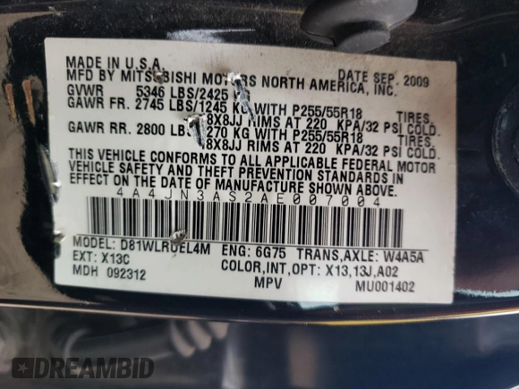 2010 Mitsubishi Endeavor SE z VIN 4A4JN3AS2AE007004, wystawiony jako Copart lot #58771424 z przebiegiem 125 284 mil mil oraz Szkoda całkowita • Salvage title. Historia ofert i sprzedaży dostępna na DreamBid. Obrazek 12.