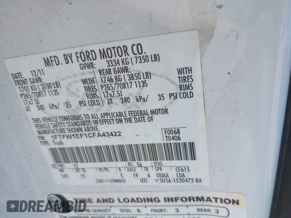 2012 Ford F-150 XL with VIN 1FTFW1EF1CFA43422, listed as a IAAI auction lot 42017180 with 174,553 mi miles. Bid and sale history available at carsss.com. Image 9.