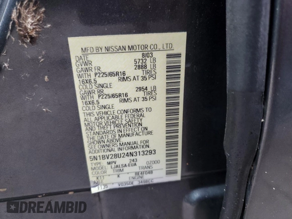 2004 Nissan Quest SE z VIN 5N1BV28U24N313293, wystawiony jako Copart lot #76638444 z przebiegiem Nie podano mil oraz Czysty tytuł • Clean title. Historia ofert i sprzedaży dostępna na DreamBid. Obrazek 12.