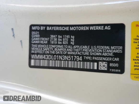 2022 MINI Convertible Cooper S with VIN WMW43DL01N3N51794, listed as a Copart auction lot 53075045 with 43,811 mi miles and Salvage title. Bid and sale history available at DreamBid. Image 14.