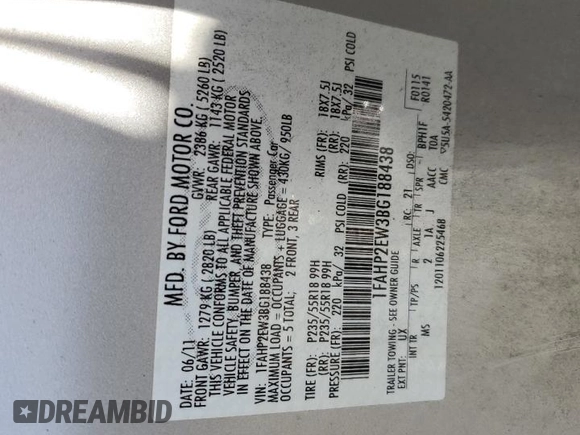 2011 Ford Taurus SEL with VIN 1FAHP2EW3BG188438, listed as a Copart auction lot 75275154 with Not Provided miles and Salvage Title. Bid and sale history available at DreamBid. Image 12.