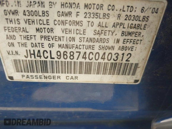 2004 Acura TSX with VIN JH4CL96874C040312, listed as a IAAI auction lot 42315339 with 274,071 mi miles and . Bid and sale history available at DreamBid. Image 9.