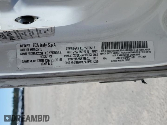 2015 Ram ProMaster City Cargo Tradesman with VIN ZFBERFAT6F6A27495, listed as a Copart auction lot 49292735 with 113,953 mi miles and Salvage Title. Bid and sale history available at DreamBid. Image 14.
