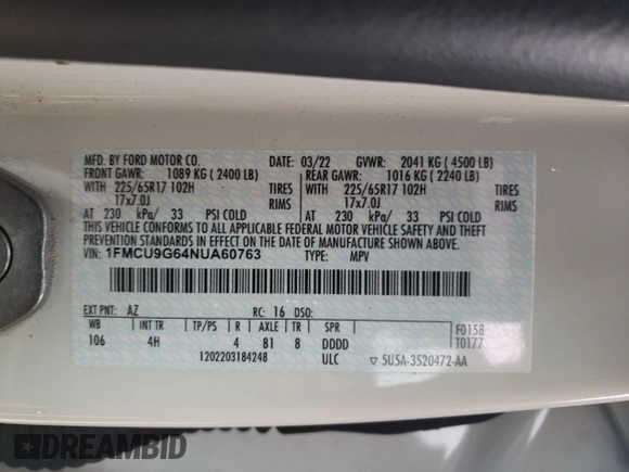 2022 Ford Escape SE with VIN 1FMCU9G64NUA60763, listed as a Copart auction lot 45189905 with 135,365 mi miles and Clean Title. Bid and sale history available at DreamBid. Image 13.