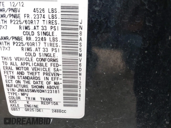 2013 Nissan Rogue SL with VIN JN8AS5MV6DW123181, listed as a IAAI auction lot 41712239 with 122,410 mi miles and . Bid and sale history available at DreamBid. Image 9.