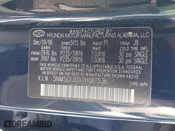 2007 Hyundai Santa Fe GLS with VIN 5NMSG13DX7H061536, listed as a IAAI auction lot 42675665 with 220,025 mi miles and . Bid and sale history available at DreamBid. Image 9.