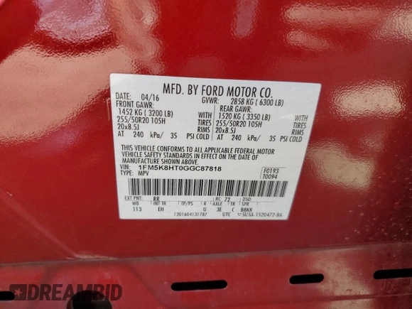 2016 Ford Explorer Platinum z VIN 1FM5K8HT0GGC87818, wystawiony jako Copart lot #60749755 z przebiegiem 86 719 mil mil oraz Szkoda całkowita • Salvage title. Historia ofert i sprzedaży dostępna na DreamBid. Obrazek 14.