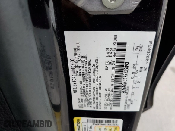 2019 Ford Fusion Hybrid SEL with VIN 3FA6P0MU5KR235893, listed as a Copart auction lot 49295113 with 129,936 mi miles. Bid and sale history available at carsss.com. Image 12.