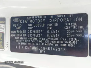 2016 Kia Sedona LX with VIN KNDMB5C18G6142343, listed as a IAAI auction lot 41889625 with 95,001 mi miles. Bid and sale history available at carsss.com. Image 9.