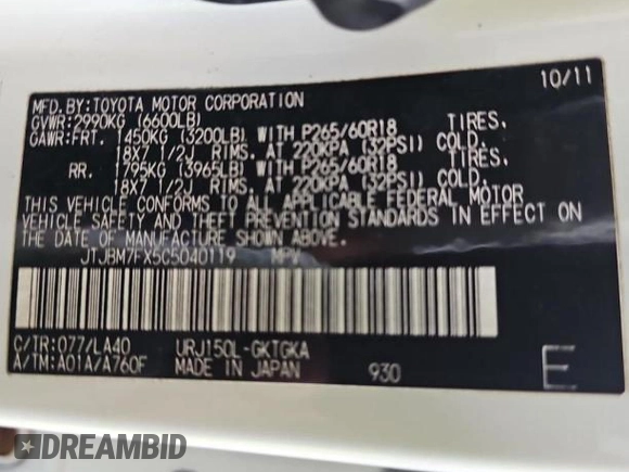 2012 Lexus GX 460 z VIN JTJBM7FX5C5040119, wystawiony jako Copart lot #59240765 z przebiegiem 165 878 mil mil oraz Czysty tytuł • Clean title. Historia ofert i sprzedaży dostępna na DreamBid. Obrazek 10.