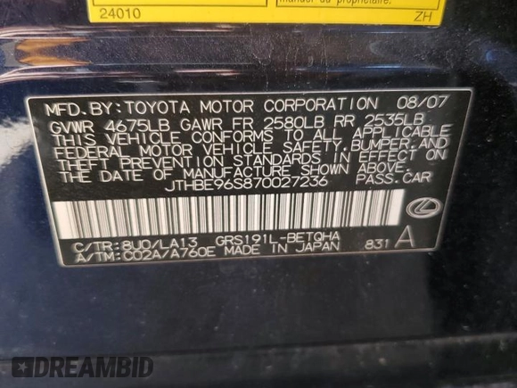 2007 Lexus GS 350 with VIN JTHBE96S870027236, listed as a Copart auction lot 69123714 with 206,250 mi miles and Salvage Title. Bid and sale history available at carsss.com. Image 12.