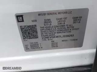 2020 Chevrolet Traverse LT Cloth with VIN 1GNEVGKW7LJ228293, listed as a IAAI auction lot 39733566 with 43,312 mi miles. Bid and sale history available at carsss.com. Image 9.
