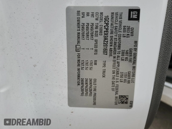 2010 Chevrolet Silverado 1500 Work Truck with VIN 1GCPCPEX9AZ201607, listed as a Copart auction lot 80228064 with Not Provided miles and Salvage Title. Bid and sale history available at DreamBid. Image 12.
