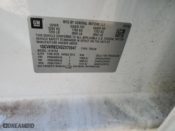 2016 Chevrolet Silverado 1500 LT with VIN 1GCVKRECXGZ373947, listed as a Copart auction lot 49985805 with 118,989 mi miles and Salvage Title. Bid and sale history available at carsss.com. Image 12.