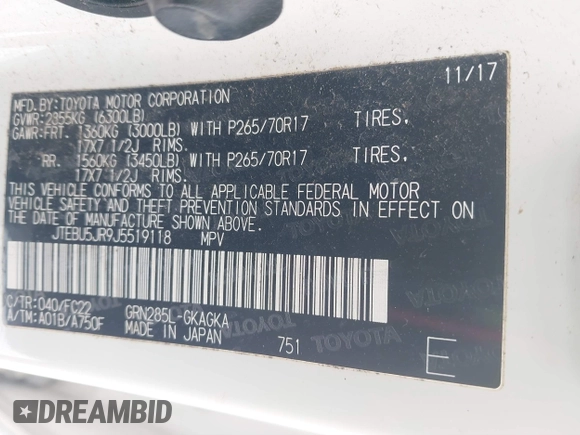 2018 Toyota 4Runner SR5 with VIN JTEBU5JR9J5519118, listed as a IAAI auction lot 41622686 with 92,178 mi miles. Bid and sale history available at carsss.com. Image 9.