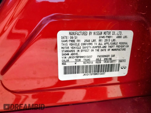 2022 Infiniti Q50 Luxe with VIN JN1EV7BP8NM310457, listed as a Copart auction lot 47611855 with 22,353 mi miles and Salvage Title. Bid and sale history available at DreamBid. Image 12.