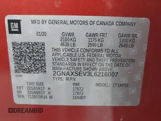 2020 Chevrolet Equinox LS z VIN 2GNAXSEV3L6216007, wystawiony jako IAAI lot #41889041 z przebiegiem 96 406 mil mil oraz . Historia ofert i sprzedaży dostępna na DreamBid. Obrazek 9.