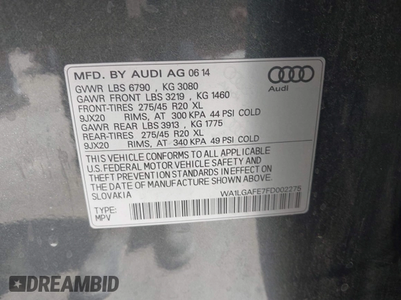 2015 Audi Q7 Premium Plus with VIN WA1LGAFE7FD002275, listed as a IAAI auction lot 42314167 with 144,291 mi miles and . Bid and sale history available at DreamBid. Image 9.