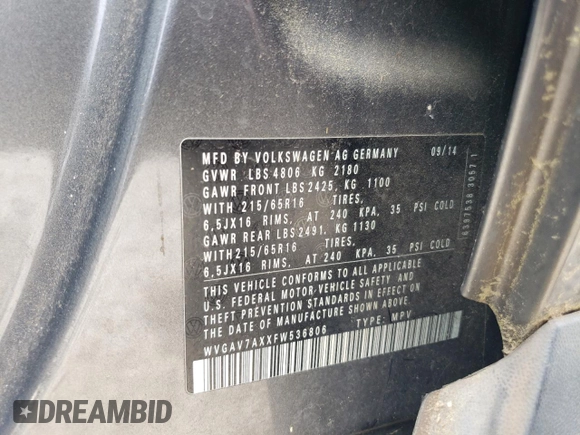 2015 Volkswagen Tiguan R-Line with VIN WVGAV7AXXFW536806, listed as a Copart auction lot 56433075 with 151,143 mi miles and Clean Title. Bid and sale history available at DreamBid. Image 13.