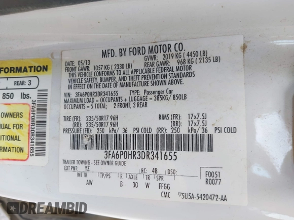 2013 Ford Fusion SE with VIN 3FA6P0HR3DR341655, listed as a IAAI auction lot 42446920 with 159,719 mi miles and . Bid and sale history available at DreamBid. Image 9.