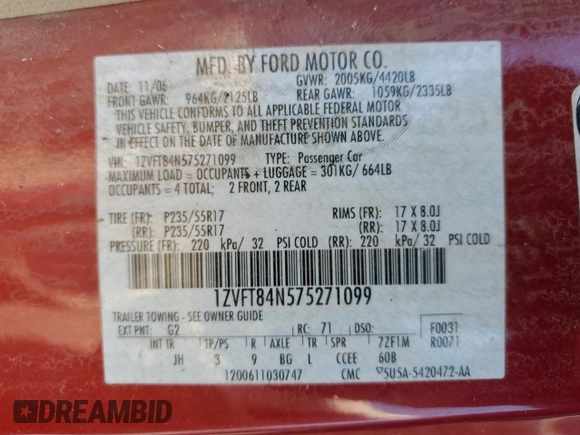 2007 Ford Mustang Deluxe with VIN 1ZVFT84N575271099, listed as a Copart auction lot 59233515 with 214,628 mi miles and Clean title. Bid and sale history available at DreamBid. Image 12.
