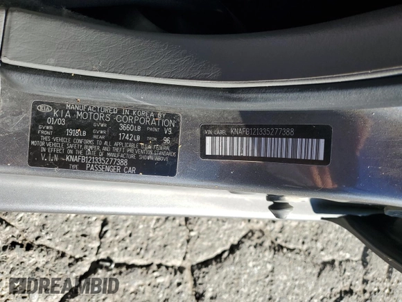 2003 Kia Spectra z VIN KNAFB121335277388, wystawiony jako Copart lot #46756185 z przebiegiem 151 235 mil mil oraz Szkoda całkowita • Salvage title. Historia ofert i sprzedaży dostępna na DreamBid. Obrazek 15.
