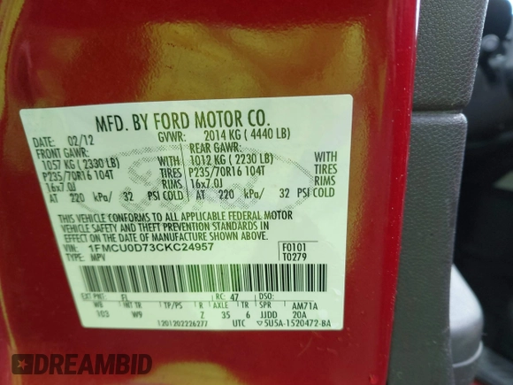 2012 Ford Escape XLT with VIN 1FMCU0D73CKC24957, listed as a IAAI auction lot 42612501 with 140,686 mi miles and . Bid and sale history available at DreamBid. Image 9.
