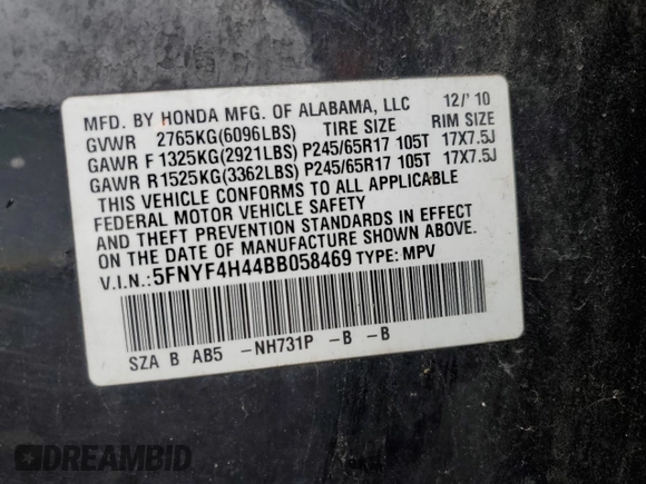 2011 Honda Pilot EX with VIN 5FNYF4H44BB058469, listed as a Copart auction lot 49931065 with 218,131 mi miles and Clean Title. Bid and sale history available at DreamBid. Image 13.
