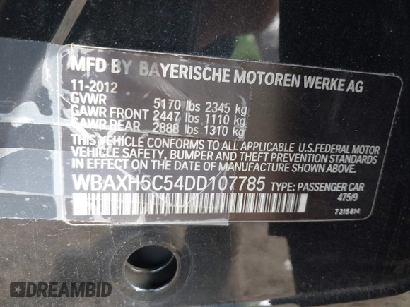 2013 BMW 5 Series 528i xDrive with VIN WBAXH5C54DD107785, listed as a IAAI auction lot 41781348 with 80,086 mi miles. Bid and sale history available at carsss.com. Image 9.