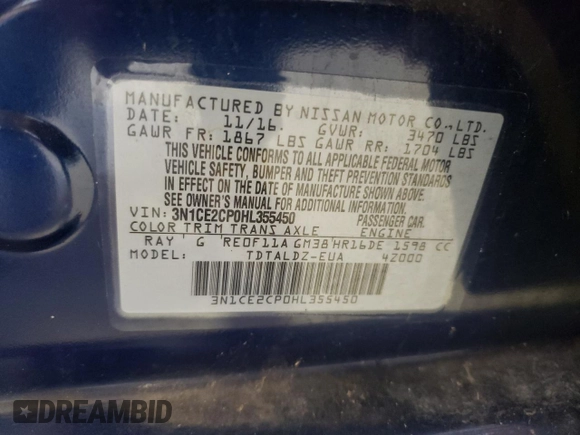 2017 Nissan Note SV with VIN 3N1CE2CP0HL355450, listed as a Copart auction lot 53633905 with 124,770 mi miles and Clean Title. Bid and sale history available at DreamBid. Image 12.