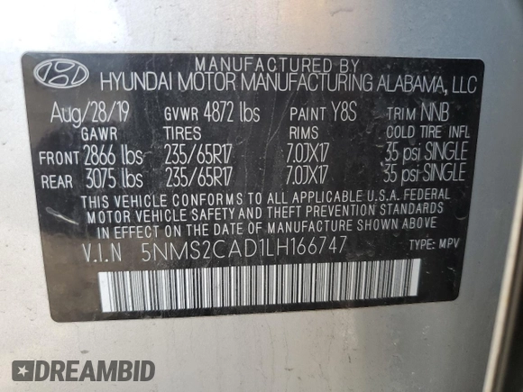 2020 Hyundai Santa Fe SE with VIN 5NMS2CAD1LH166747, listed as a Copart auction lot 57093145 with 62,744 mi miles and Salvage title. Bid and sale history available at DreamBid. Image 13.
