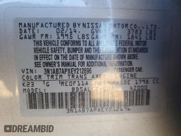 2014 Nissan Sentra SV with VIN 3N1AB7APXEY212696, listed as a Copart auction lot 84274214 with 75,898 mi miles and Clean Title. Bid and sale history available at DreamBid. Image 12.