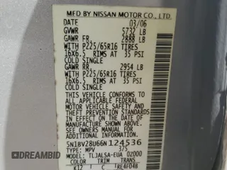 2006 Nissan Quest SL with VIN 5N1BV28U66N124536, listed as a Copart auction lot 79273664 with 0 mi miles and Salvage Title. Bid and sale history available at carsss.com. Image 15.