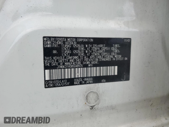 2008 Toyota RAV4 Limited with VIN JTMBK31V085048935, listed as a Copart auction lot 64756555 with 213,525 mi miles and Clean title. Bid and sale history available at DreamBid. Image 13.